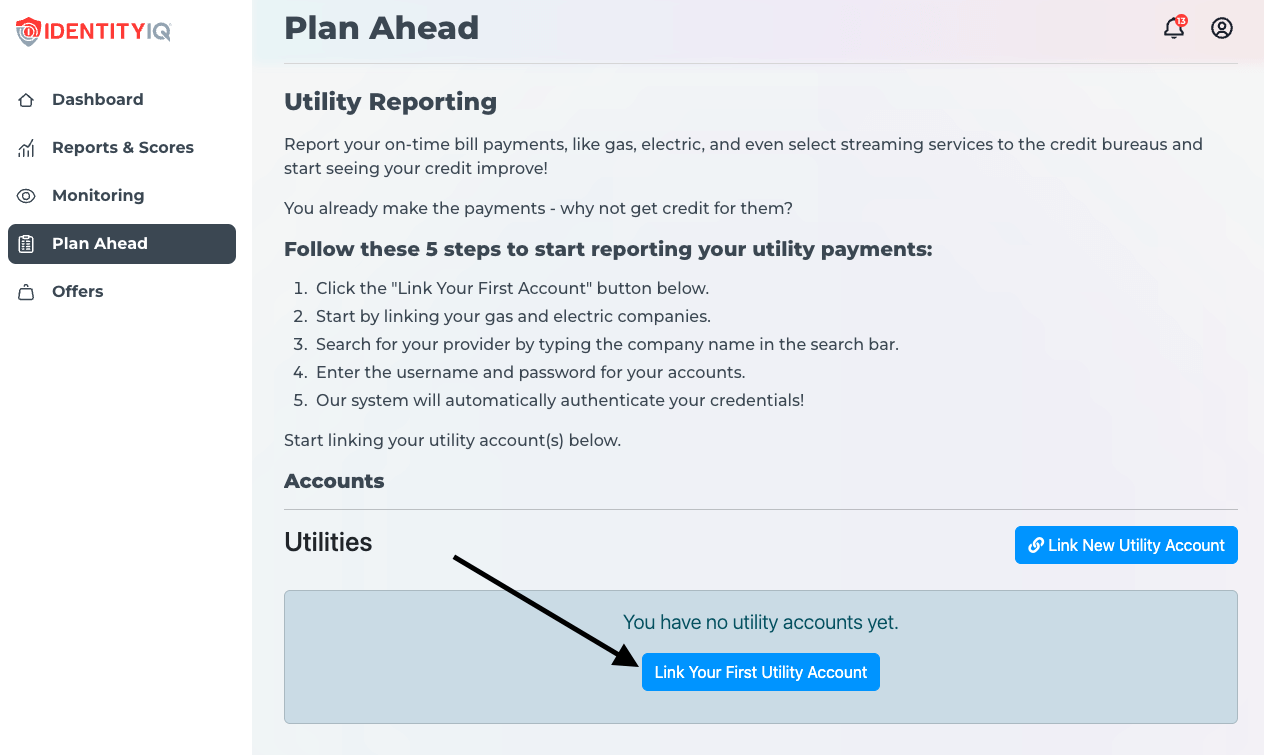 IdentityIQ dashboard utility payment reporting page