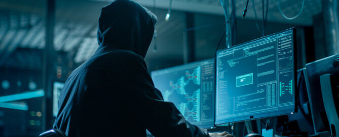 Shot from the Back to Hooded Hacker Breaking into Corporate Data